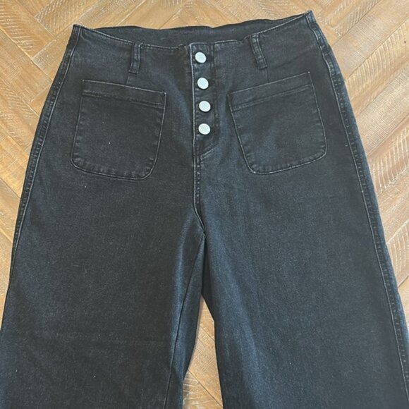 Addkaka Wide Leg High Rise Exposed Button Fly Wide Leg Culotte Stretch Jeans - Picture 4 of 9